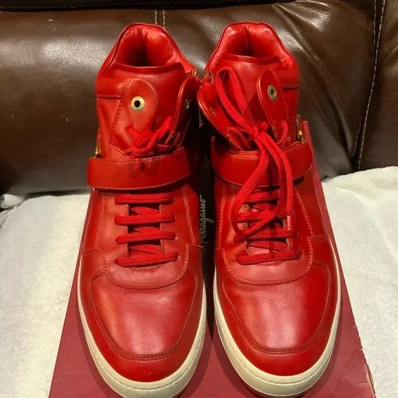 Salvatore Ferragamo, Nicky, Red Leather Sneaker $800 SALVATORE FERRAGAMO - *GANCINI* NICKY Red Hightop  main image 4